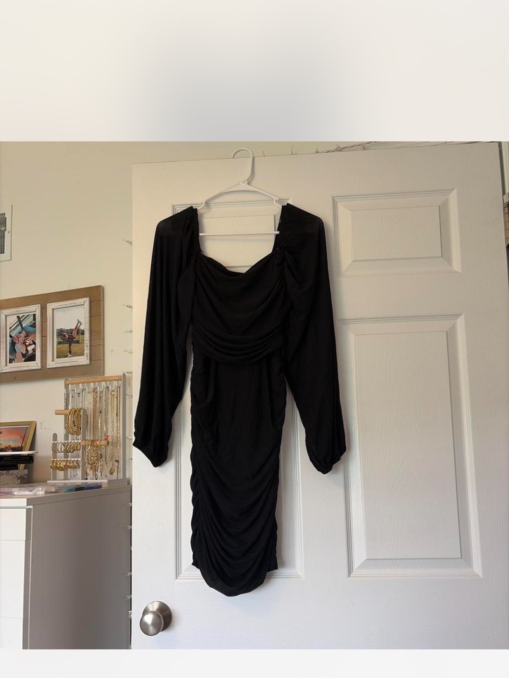 Black Draped Midi Dress with Long Sleeves